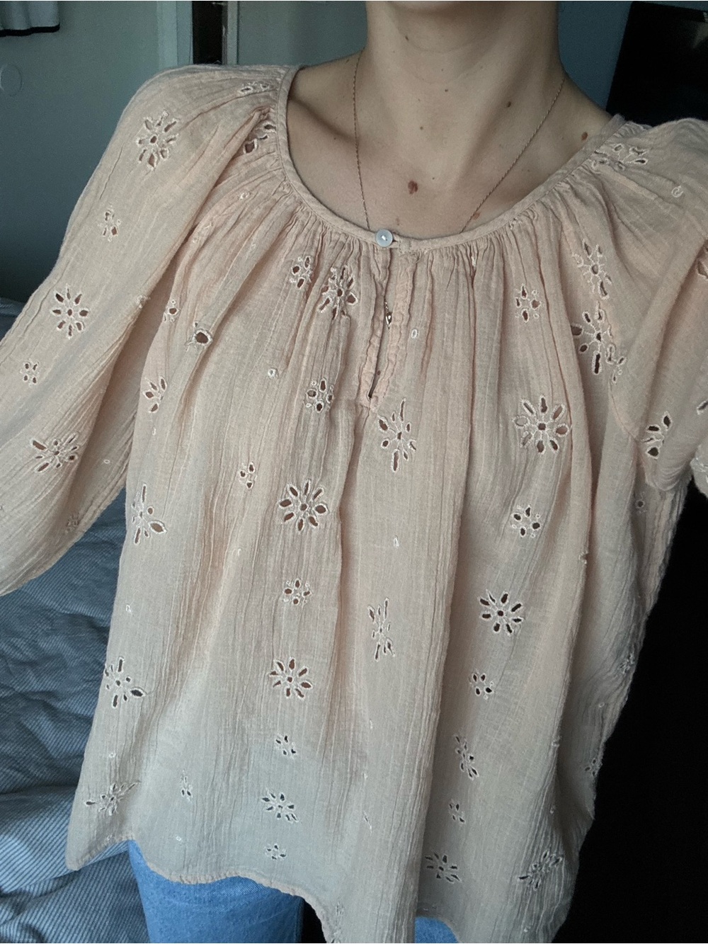 Aerie Women's Embroidered Peasant Blouse - Soft Blush